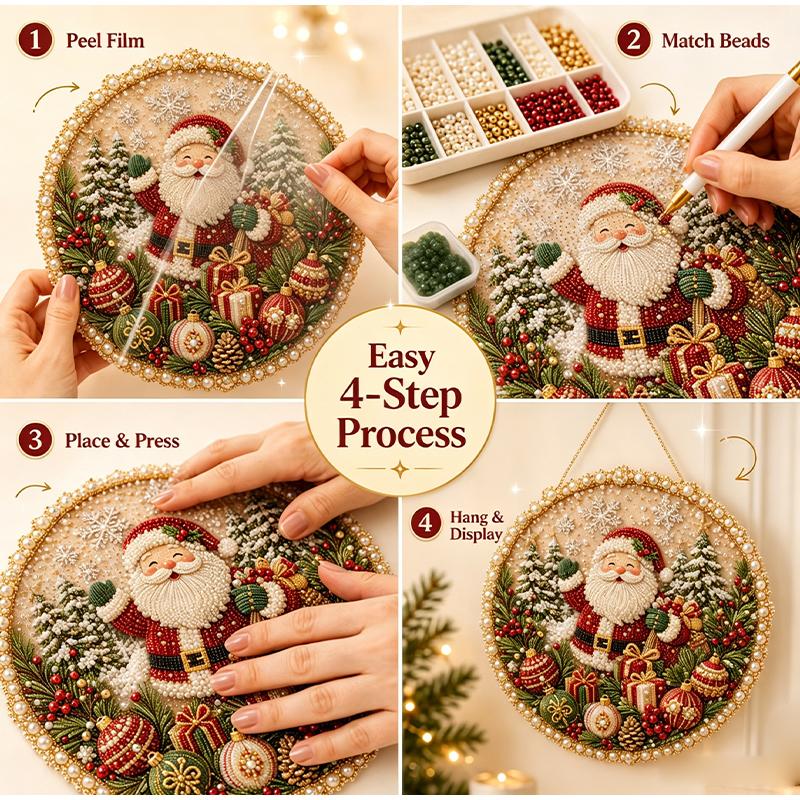 2026 Christmas Pearl Diamond Painting Suncatcher Kit, DIY Craft 3D Mixed-Sized Pearl Beads Craft, Festive Window Wall Decoration