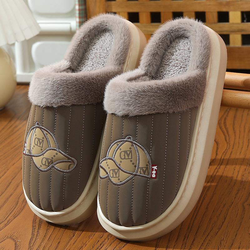 Кожаные хлопковые тапочки для пары осень-зима домашнее тепло домашние комнатные нескользящие на толстой подошве плюшевые тапочки мужские