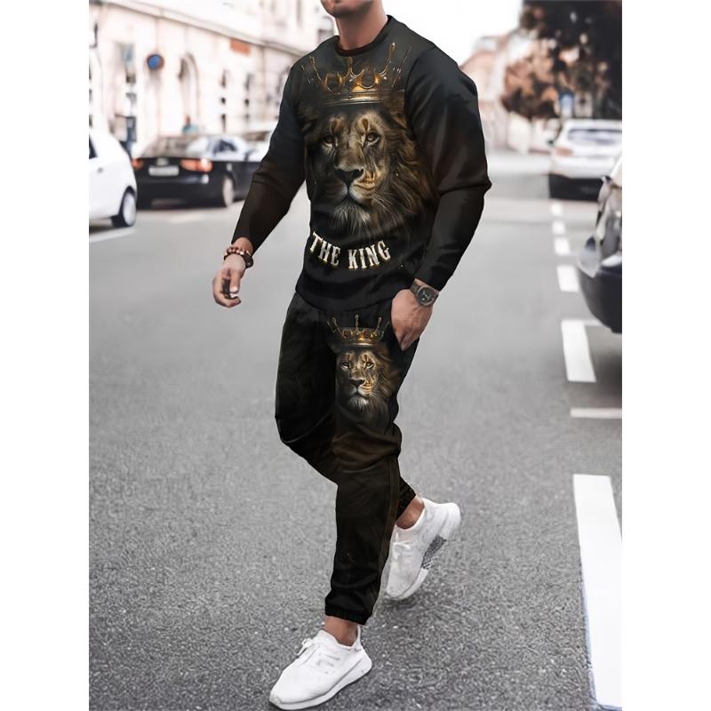 Мужские комплекты с принтом 3D-льва, мужская повседневная футболка с длинным рукавом и длинные брюки в уличном стиле, комплект из 2 предметов на весну и осень