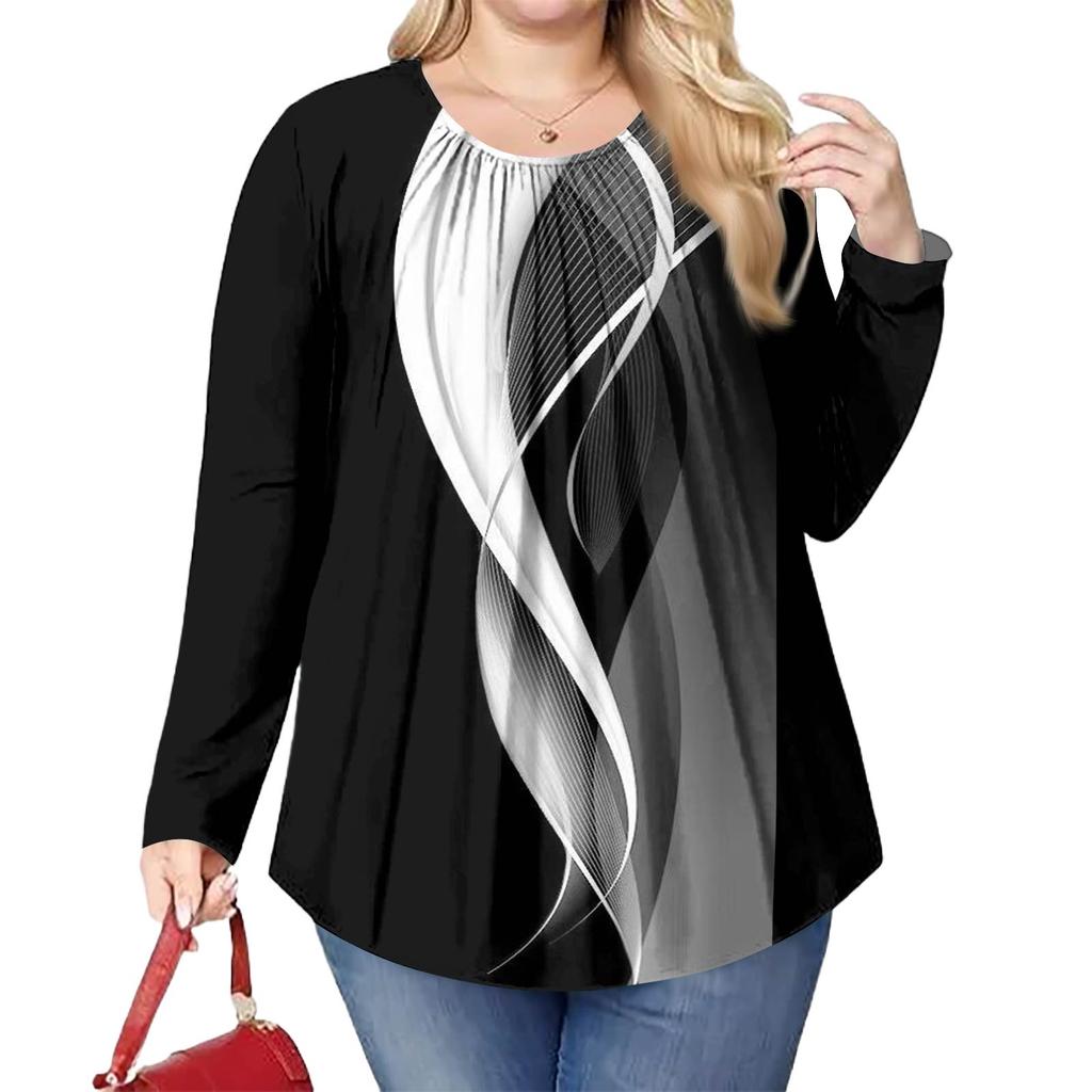 Женский модный топ большого размера с принтом, повседневный плиссированный, с круглым вырезом и длинными рукавами