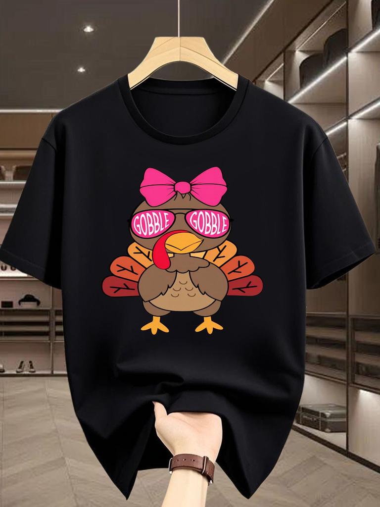 Cute Pink Bow Turkey Gobble Gobble Print Unisexs Short Sleeve Tshirt Crew Neck Thanksgiving Holiday Casual Daily Comfort Wear