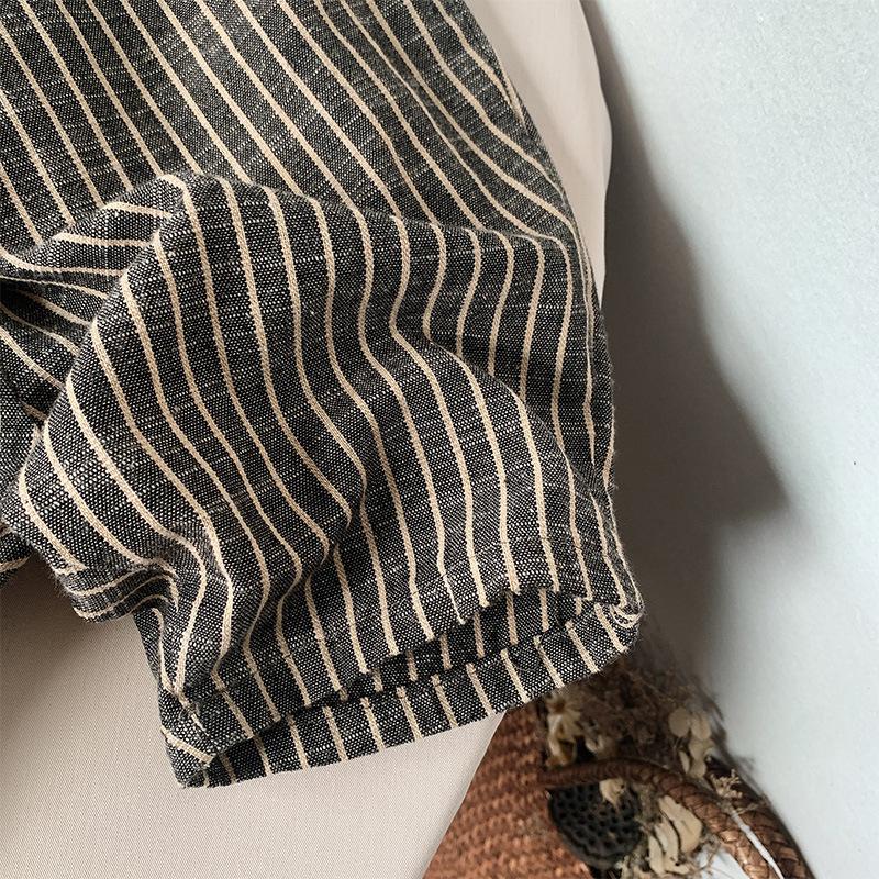 Детские полосатые хлопковые и льняные брюки в стиле ретро, ​​повседневные свободные широкие брюки в японском стиле для мальчиков и девочек