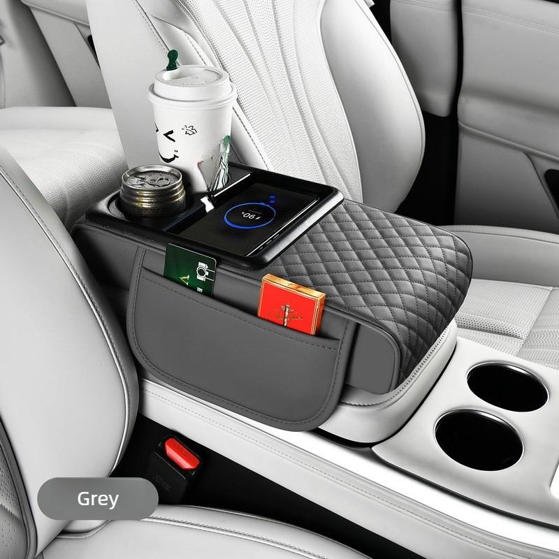 Multifunctional Car Armrest Box with Wireless Charging, Thicken Height Pad Arm Rest Cushion Storage Box Phone Cup Tissue Holder