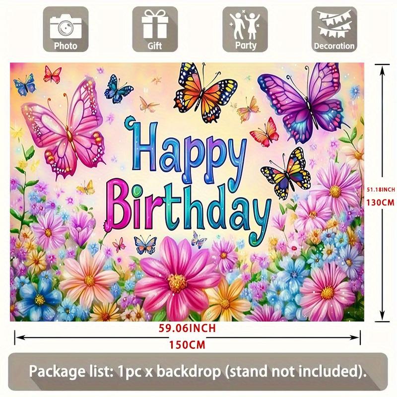 Butterfly Flower Birthday Backdrop 1pc - Polyester Party Decor