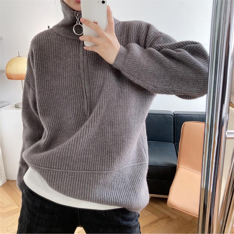 Hirsionsan Zipper Turn-down Collar Autumn Sweaters Women Cashmere Soft Loose Solid Female Knited Pullovers 2021new Thick Jumper