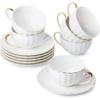 White Tea Cups and Saucers Set of 6 (7 Oz), Porcelain White Tea Cup Set with Golden Trim Design, Mother's Day Gift