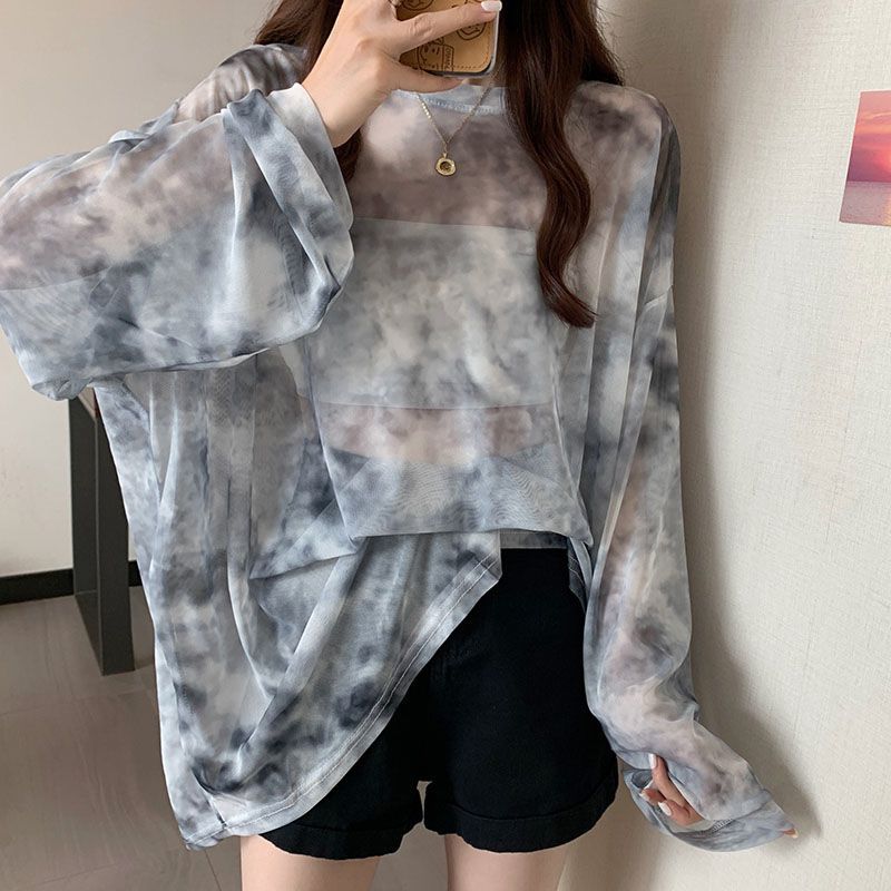 Summer Mesh Sunscreen Shirt Spicy Girl Top Design Feel Loose Tie-dyed Long-sleeved T-shirt Women's Fashion