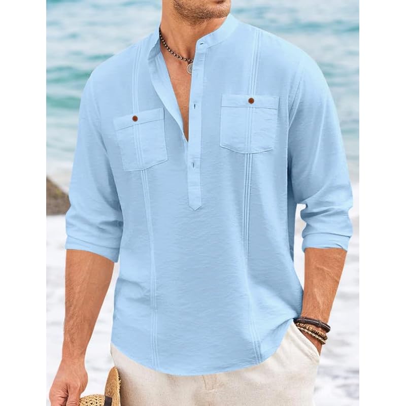 Macsivo Cotton Blend Solid Casual Short Kurta For Men Long Sleeve Mandarin Collar Stylish Shirt Kurta For Men Sky