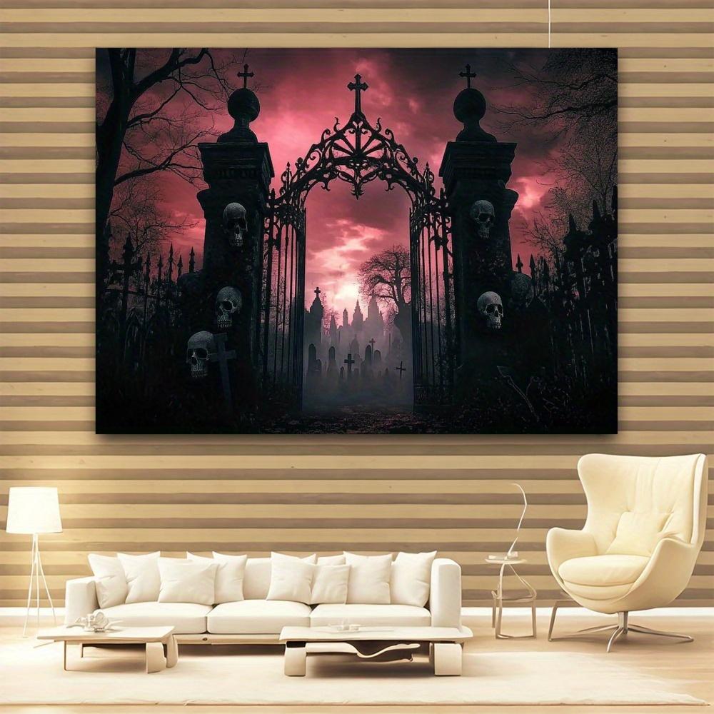 1pc Weird Gothic Arches Party Banner - Ghost Cemetery Scene with Skeleton and Gothic Gate