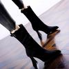 European and American Pointed High-heeled Boots for Women's 2025 Autumn and Winter New Half-boots, Explosive Belt Buckle Elastic Thick-heeled Me