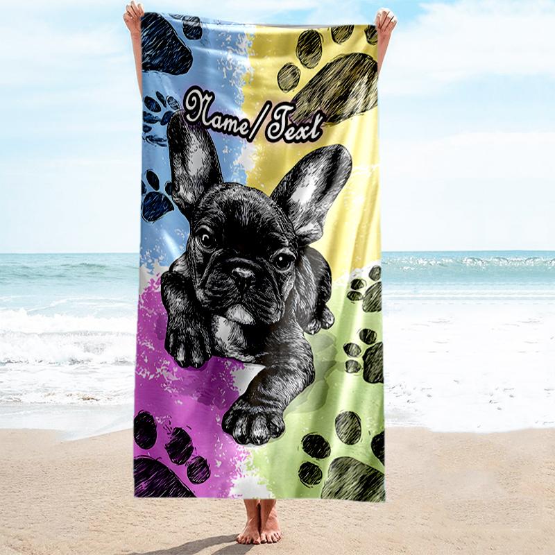 1PC Custom Name Puppy Colorful Background Beach Towel Highly Absorbent And Sand-Resistant Towel for Swimming, Pool, Yoga, And Travel Lightweight