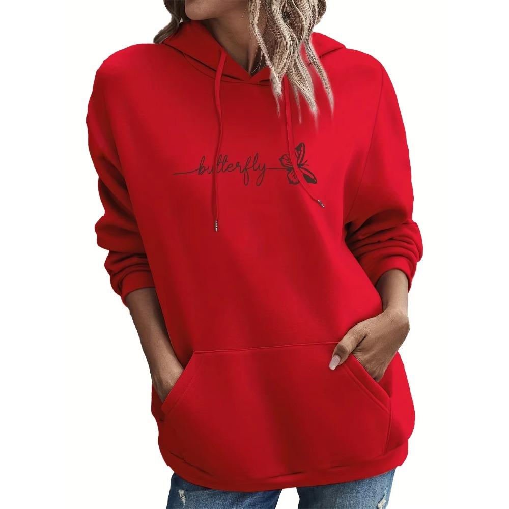 Women's Autumn Winter Loose Casual Butterfly Letter Pattern Printed Hoodie Long Sleeve with Pocket Women Daily Trendy Sweatshirt