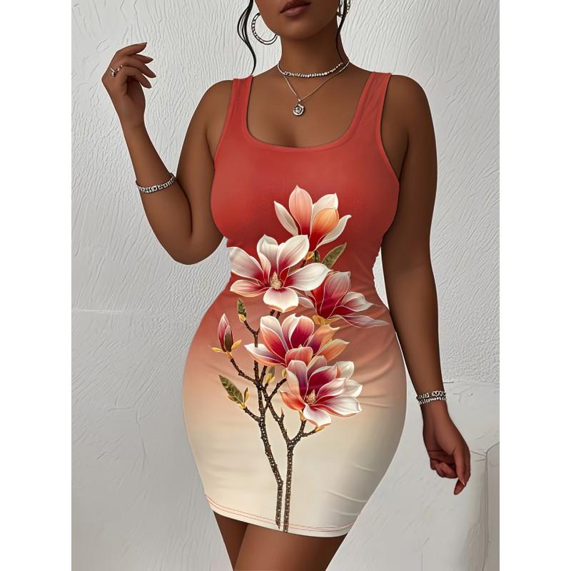 Womens Sleeveless Bodycon Midi Dress With 3D Print Breathable Lightweight Casual Office Wear