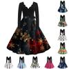Women's Casual Fashion V-neck Long Sleeved Retro Christmas Print Retro Dress Autumn