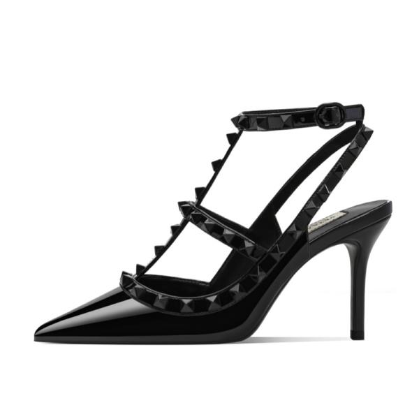 Fashion Beige High Heels Comfortable High-Heeled Shoes Roman Style Slip On Navy Blue Pumps All-Match Rivets Patent Leather Sandals Ladie