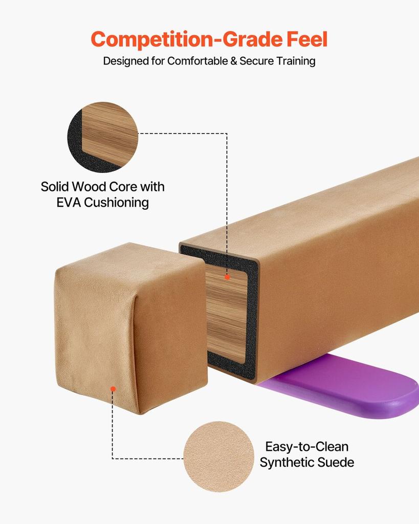 8FT Balance Beam for Kids, 158.7 KG Stable Support Gymnastics Floor Beam with Non-Slip Wooden Mats, Wood-Core Gymnastics Training Equipment with