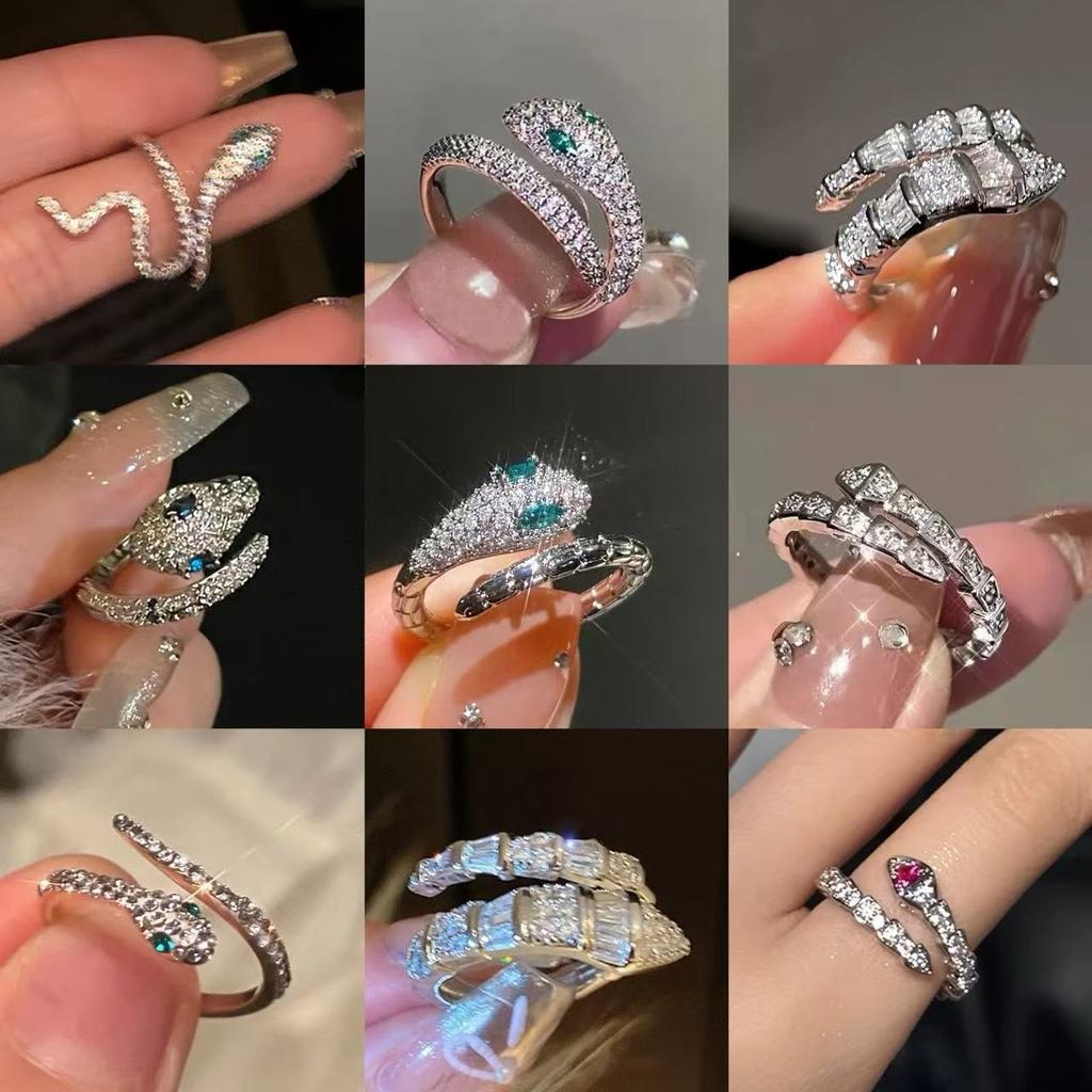 Luxury Zircon Sparkling Diamond Spirit Serpentine Ring Silver Open Ring High Quality Texture Simple and Versatile Trendy Cool Handmade for Women