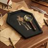 Gothic Storage Tray Halloween Serving with Engraved Skeleton, Wooden Charcuterie Board, Casket Black Vanity Organizer Shape Platter for Party, Spooky
