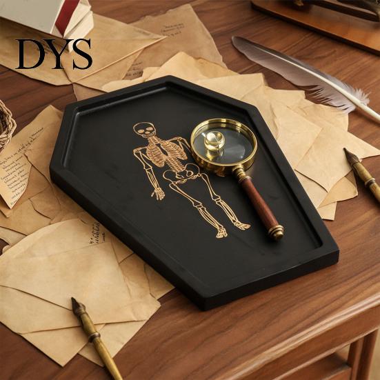 Gothic Storage Tray Halloween Serving with Engraved Skeleton, Wooden Charcuterie Board, Casket Black Vanity Organizer Shape Platter for Party, Spooky