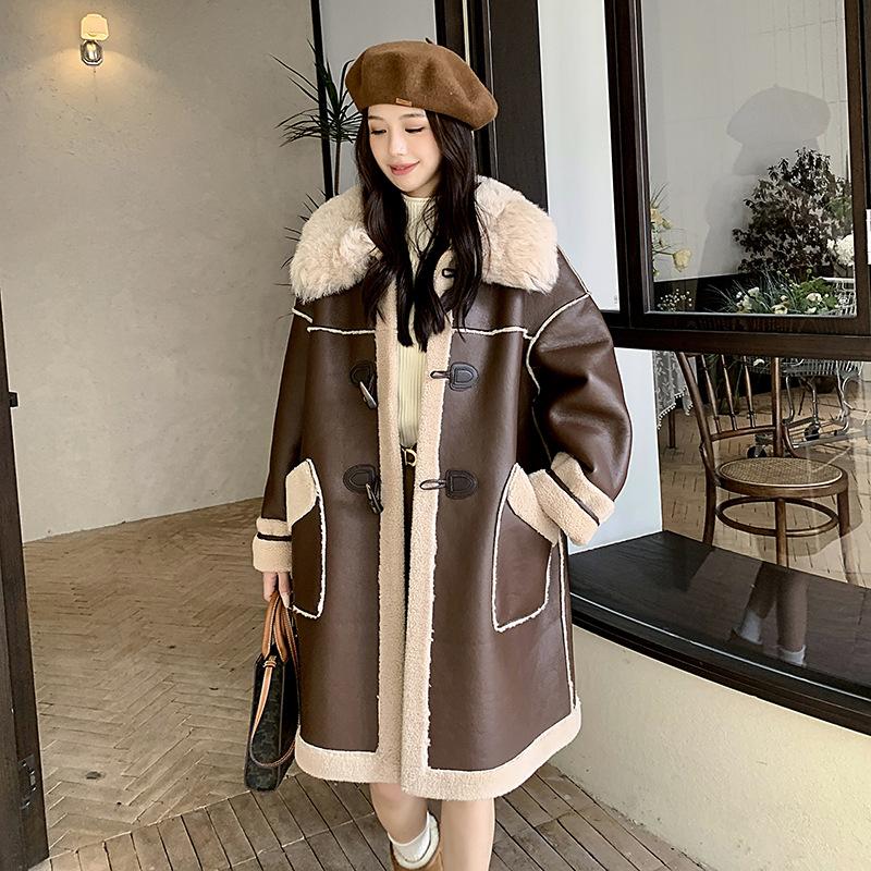 Horn Button Fur One-piece Lamb Wool Coat for Women Winter New Style Plus Velvet Thickened Mid-length Pu Leather Cotton Jacket