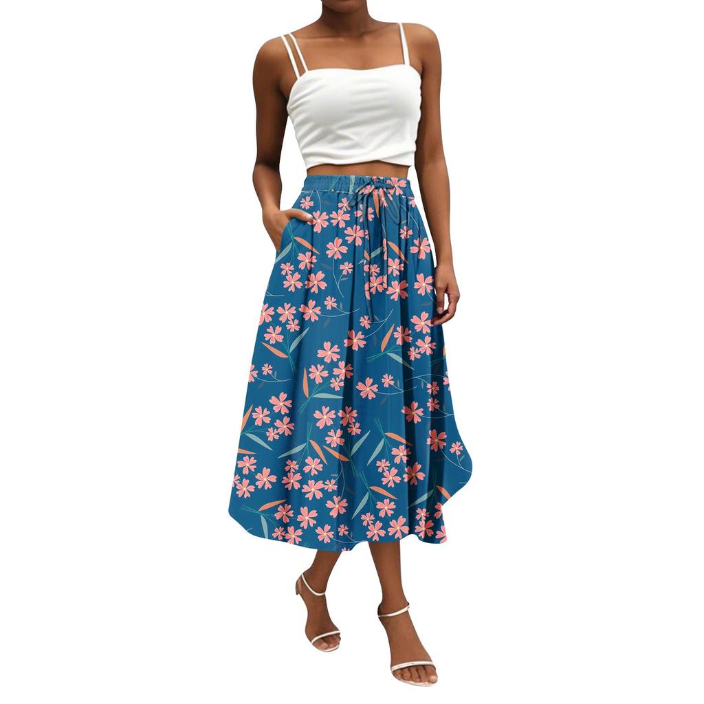 Women's Skirt Bohemian Flower Skirt Solid Color Casual Temperament With Pockets Skirt