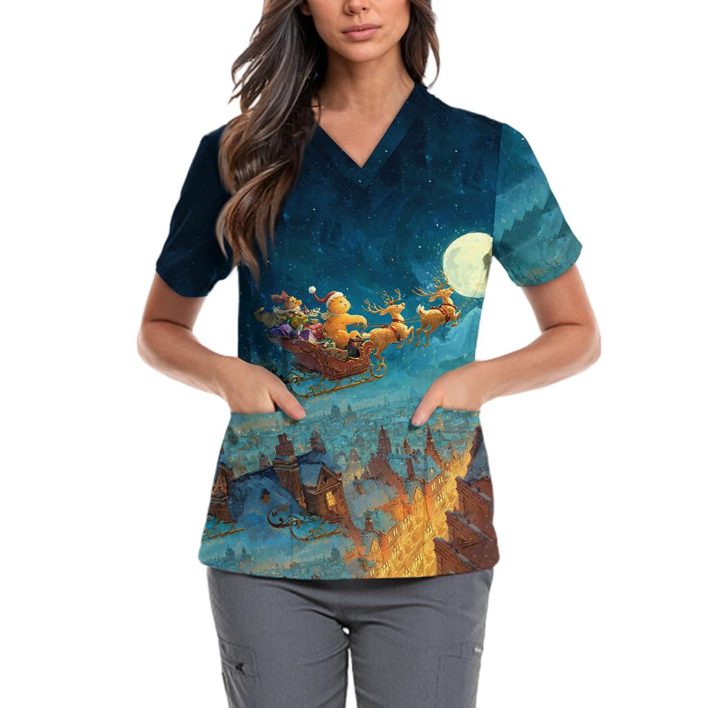 Женская милая блузка с принтом бантиков, рабочая одежда, V-образный вырез, двойной слой, карманы, базовая, с коротким рукавом, пуловер