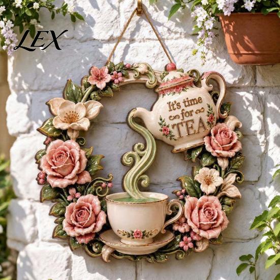 Rust Resistant Garden Decorations It's Time for Tea Door Sign, Metal Floral Wreath Hanger with Teapot Teacup Design, Sculptures Courtyard Rustic Wall