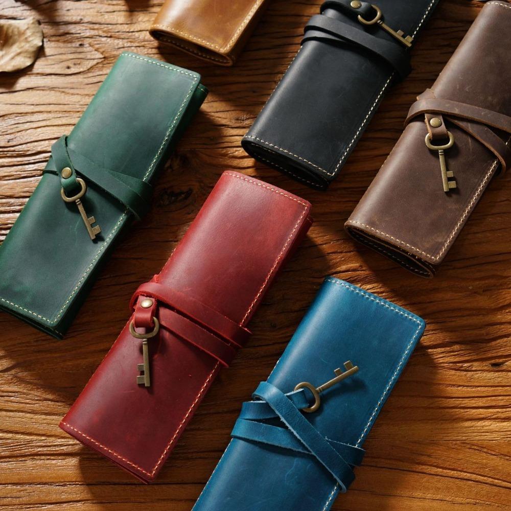 Genuine Leather Foldable Leathe Pencil Bag Pens Bag Nature Cowhide Pen Protection Bag School