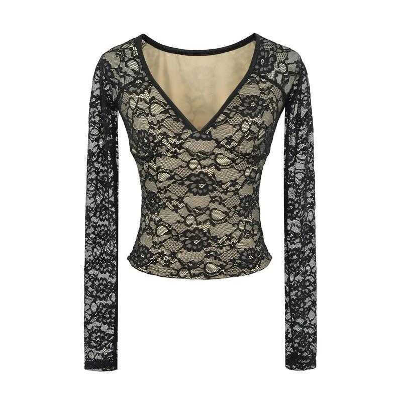 Womens Pure Desire Style Lace Top Skirt Set V-neck Long Sleeve Slim Fit Short High Waist Hip Sexy Y2K Outfit