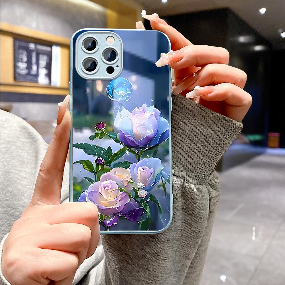 Peony Flower Phone Case Metallic Lacquer Tempered Glass Shockproof Cover for Huawei Honor iPhone OPPO Realme OnePlus Xiaomi Redmi Samsung Vivo