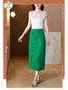 Women's Summer 2023 Retro Jacquard Frog Button Bodycon Midi Skirt with Slit