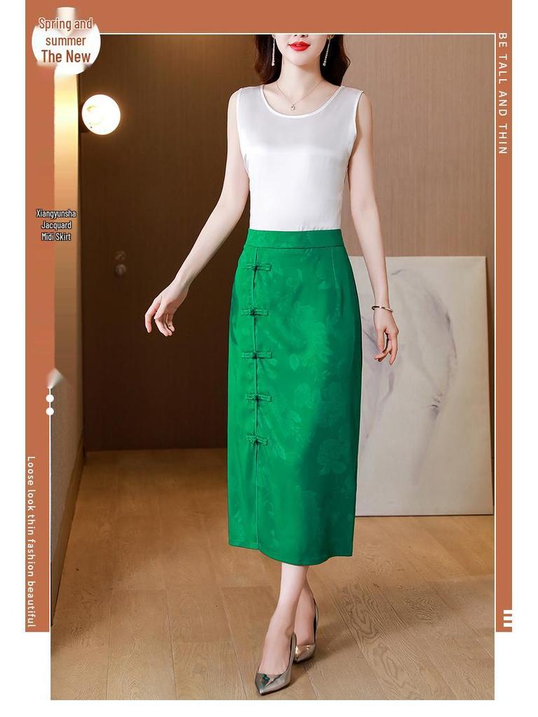 Women's Summer 2023 Retro Jacquard Frog Button Bodycon Midi Skirt with Slit