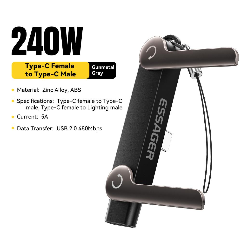 Essager 240 Вт USB C OTG Адаптер с подставкой, 90 градусов, Type C Female на iP Male Конвертер для iPhone 17 16 Macbook Xiaomi Samsung