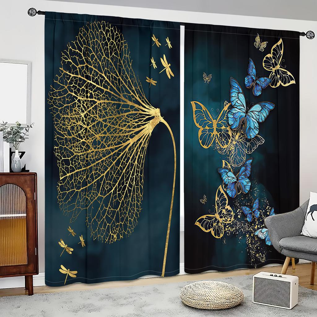 2pcs Romantic Butterflies Pattern Curtain Rod Pocket Semi Blackout Window Curtains For Living Room Window Drapes Bedroom Room