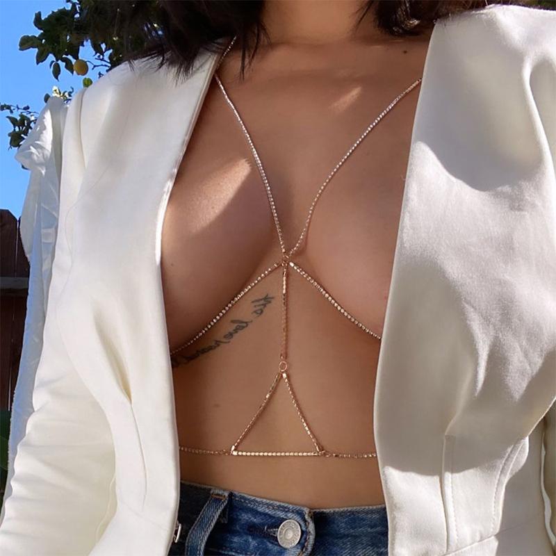 Stonefans Sexy Harness Triangle Chest Chain Rhinestone Necklace Jewelry For Women Bikini Top Rave Body Jewelry Beach Belly Chain