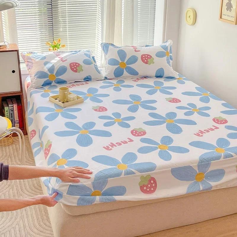 Зеленый клетчатый узор Набор простыней на резинке Любовь Сердце Защитный чехол для матраса 3 предмета Хлопковый постельный комплект Дышащий, приятный для кожи