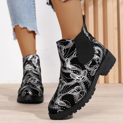 2024 Весна и осень модные женские сапоги новые круглые носки на низком каблуке большого размера цветные блоки рукава бант женские короткие сапоги