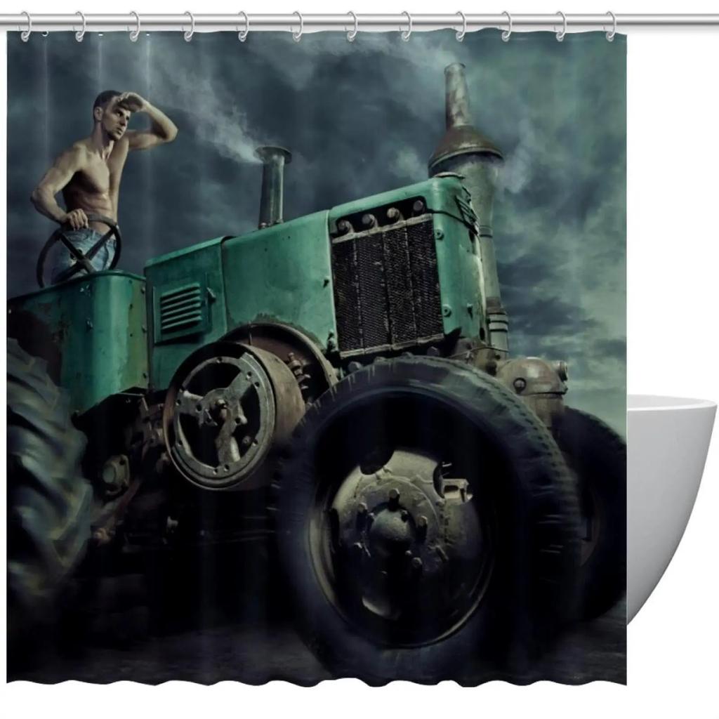 Rustic Shower Curtain Old Wooden Barn with Rusted Tractor Hillside Wooden Fence and Trees Cloth Fabric Bathroom Decor with Hooks