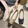 Shallow Single Shoes Women's Spring and Summer New One-pedal Soft-soled Four-season Women's Shoes Round Head Gold Square Buckle Doudou Shoes Women