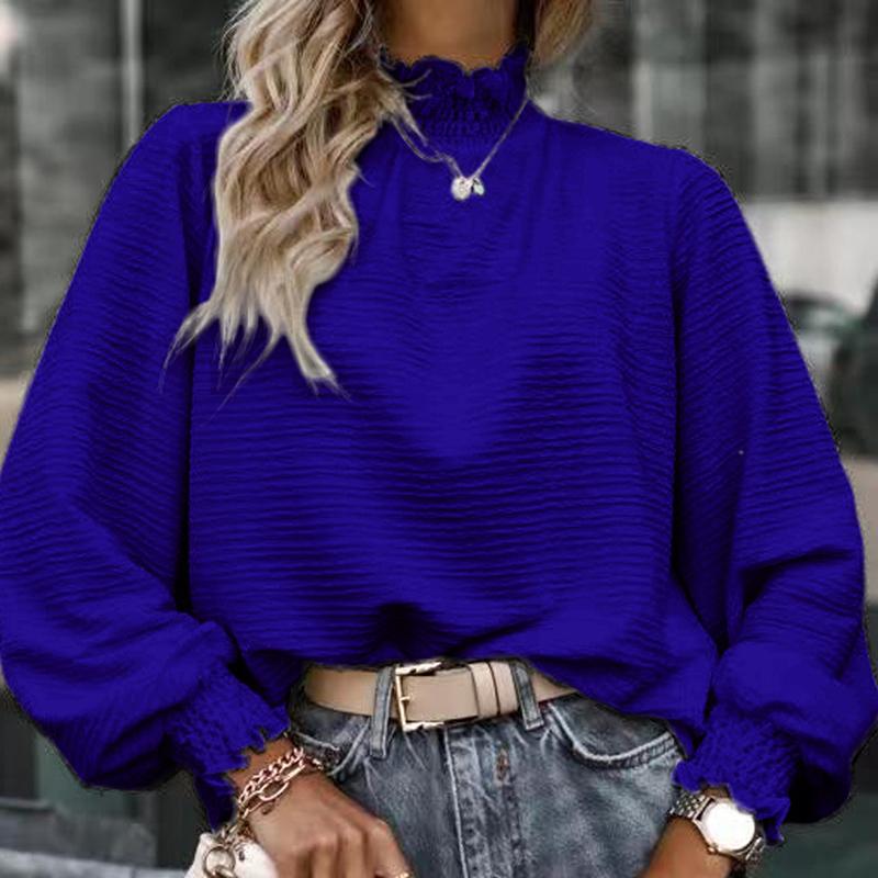 Fashion Ruffles Long Sleeve High Collar Solid Color Women Office Casual Pullover Shirt Blouse Top