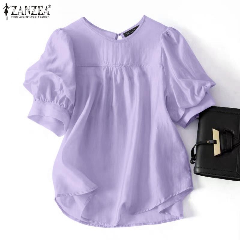 ZANZEA Women Casual Round Neck Summer Short Sleeve Plain Blouse