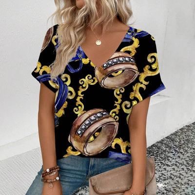 Женская футболка с v-образным вырезом, модная футболка в стиле ретро с золотым ожерельем и рисунком, футболка с короткими рукавами для отдыха, летняя популярная футболка 2024 г.