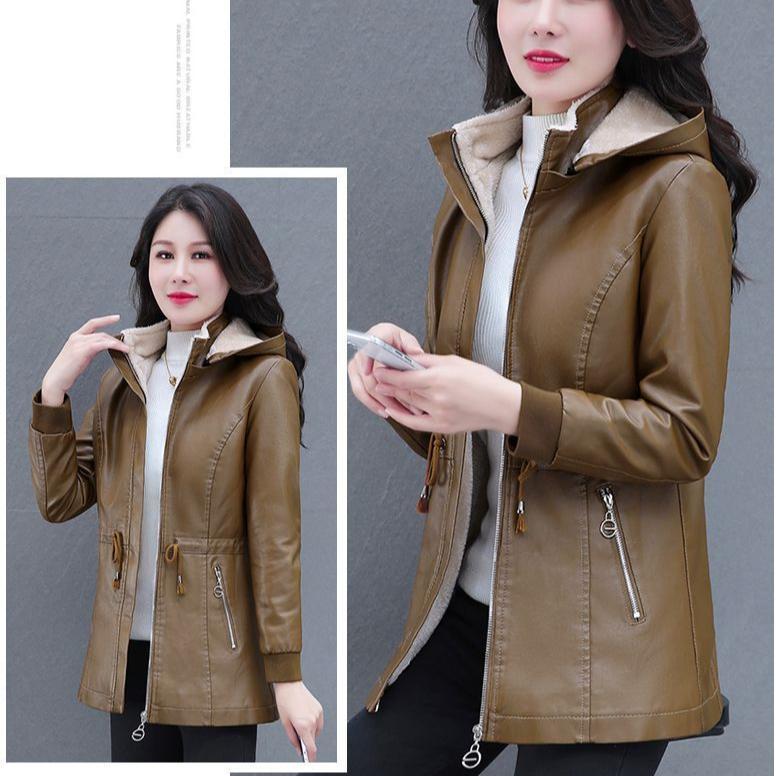 Autumn Winter Women's Fleece Leather Jacket Slim Plus Velvet Hooded Leather Biker Jacket Thick Flocked Leather Coat