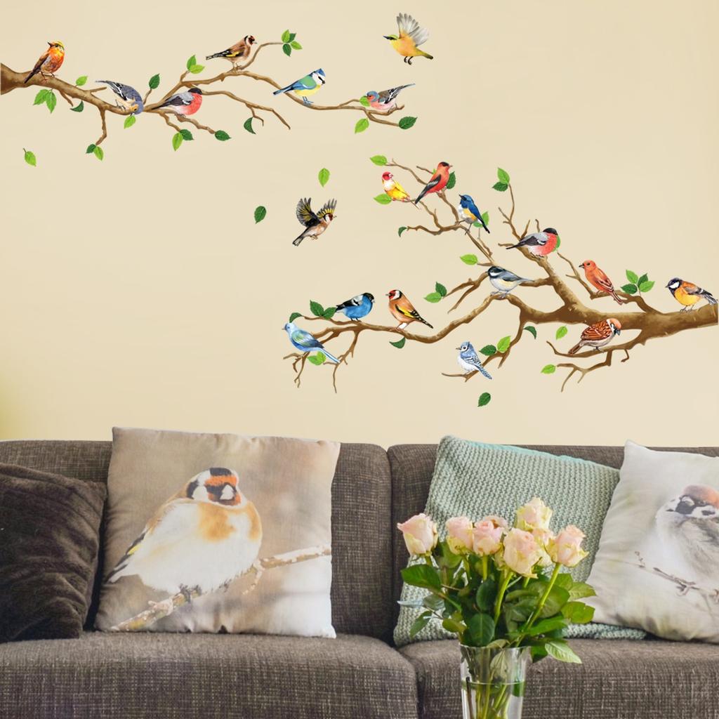Chinese Style Vintage Bird Sticker Living Room Sofa Wall Decor Stickers Mural Art 3d Tree Branch Green Leaves Stikers