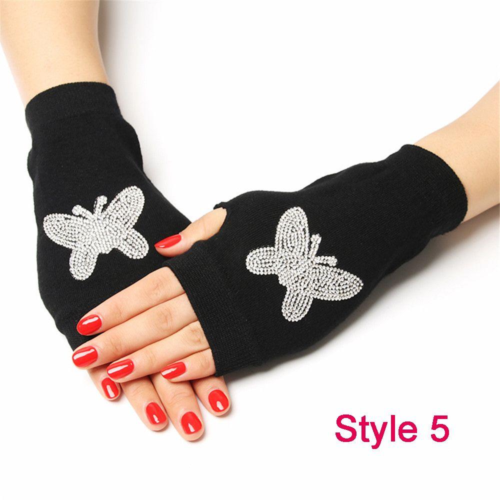 Rhinestone Wool Knitted Half Finger Computer Mittens Warm Gloves Fingerless Gloves