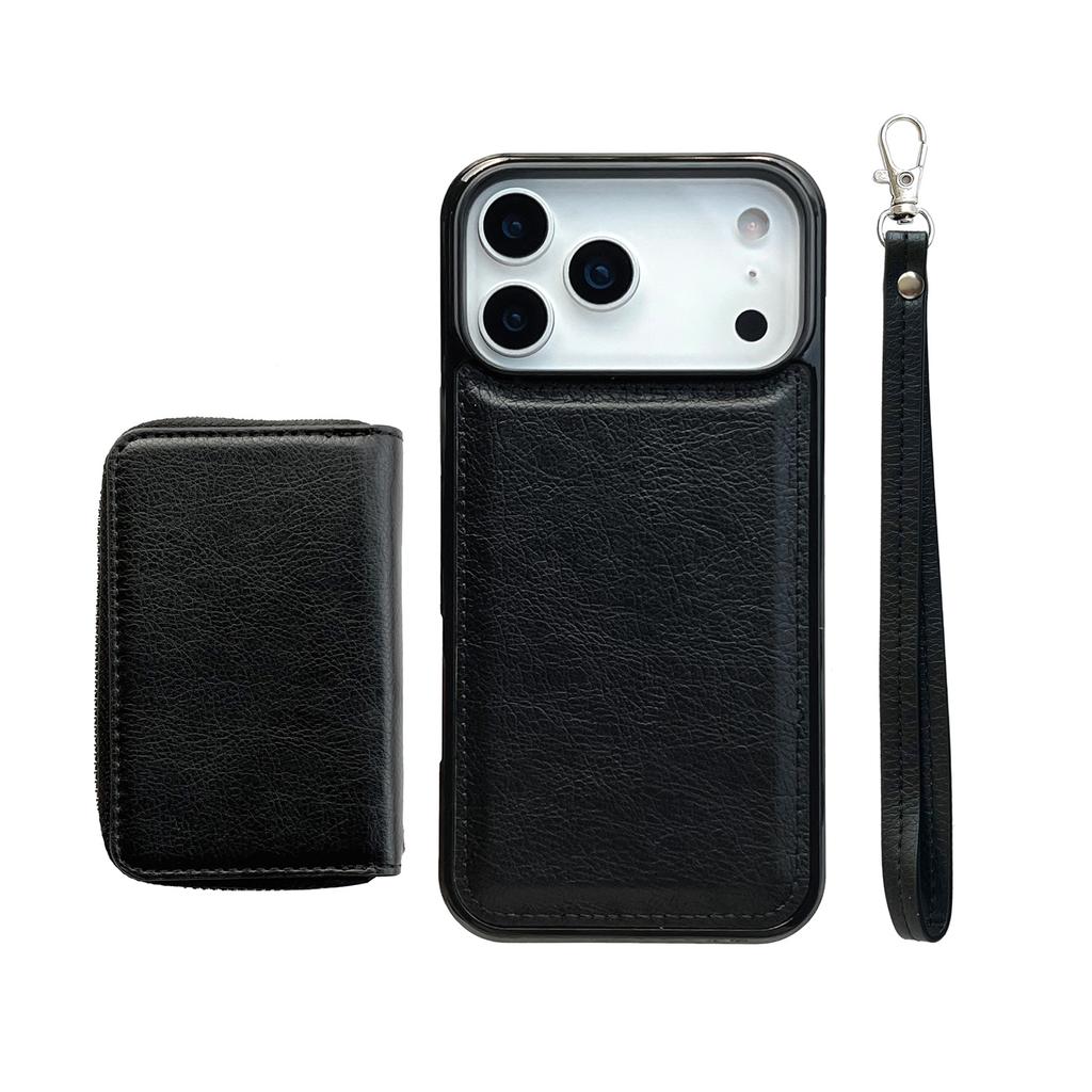For iPhone 17 Pro Case Detachable Zipper Card Bag PU TPU Kickstand Phone Case with Strap