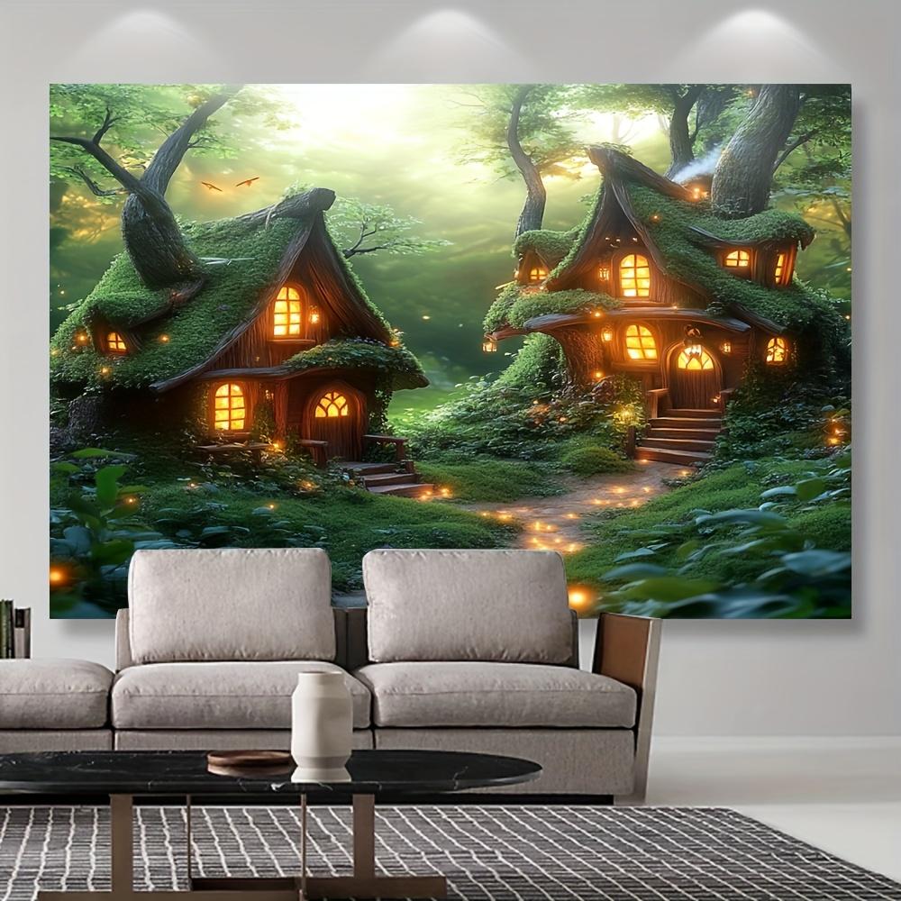Enchanted Forest Tapestry Cozy Tree Houses with Glowing Lights for Fantasy Home Decor Perfect Wall Art for Living Room or Kids