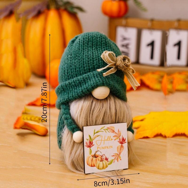 Autumn Bow Knitted Hat, Wooden Plaque, Faceless Doll, Festival Decoration Doll, 1 Piece