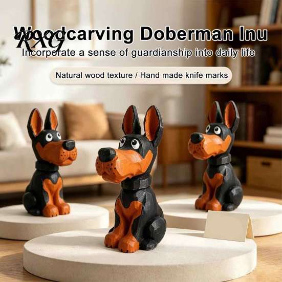 Solid Wood Dog Figurine Doberman Wooden Ornament, Hand Carved Creative Sculpture, Cute Handmade Birthday Gift for Home Shelf And Entryway Minimalist