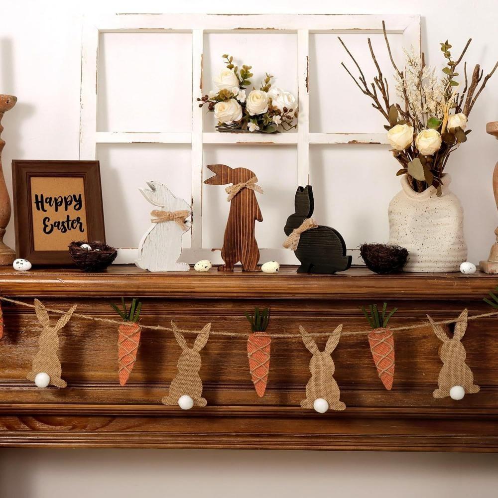 3 Pcs Wooden Table Centerpiece Signs Easter Decorations Rustic Easter Bunny Farmhouse Wood Bunny Tiered Tray Decor for Table Vintage Easter Gifts